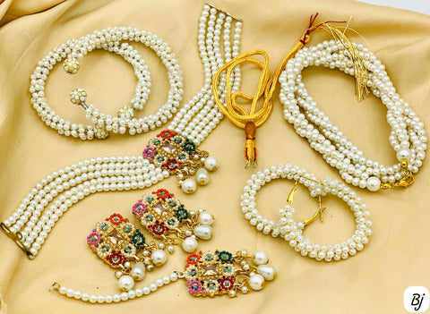 Fancy &amp; Beautiful Nauratan Choker Set with Pearls Mala, Bangles, and Earrings!