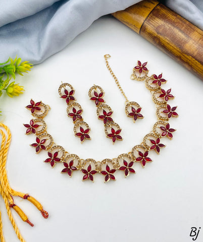 Fancy &amp; Beautiful Flower Design Zircon Work Choker Set with Earrings &amp; Tikka