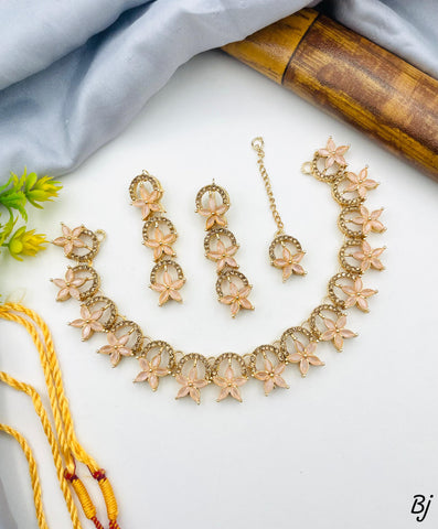 Fancy &amp; Beautiful Flower Design Zircon Work Choker Set with Earrings &amp; Tikka