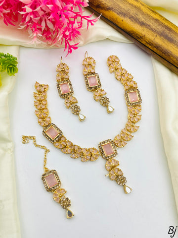 Gold-Plated Zircon Necklace Set 🔥 Includes Necklace, Earrings &amp; Tika
