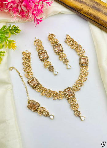 Gold-Plated Zircon Necklace Set 🔥 Includes Necklace, Earrings &amp; Tika