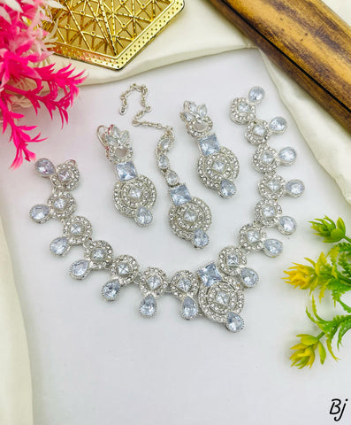 Beautiful Party Wear Full Zircon Choker Set Silver Colours