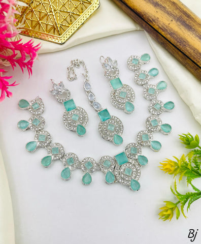 Beautiful Party Wear Full Zircon Choker Set Silver Colours