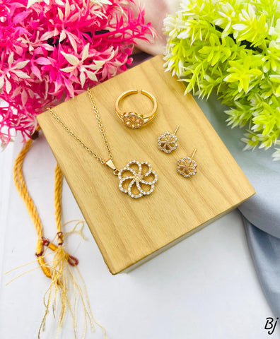 Fancy &amp; Beautiful Flower Design Zircon Work Gold-Plated Locket Set