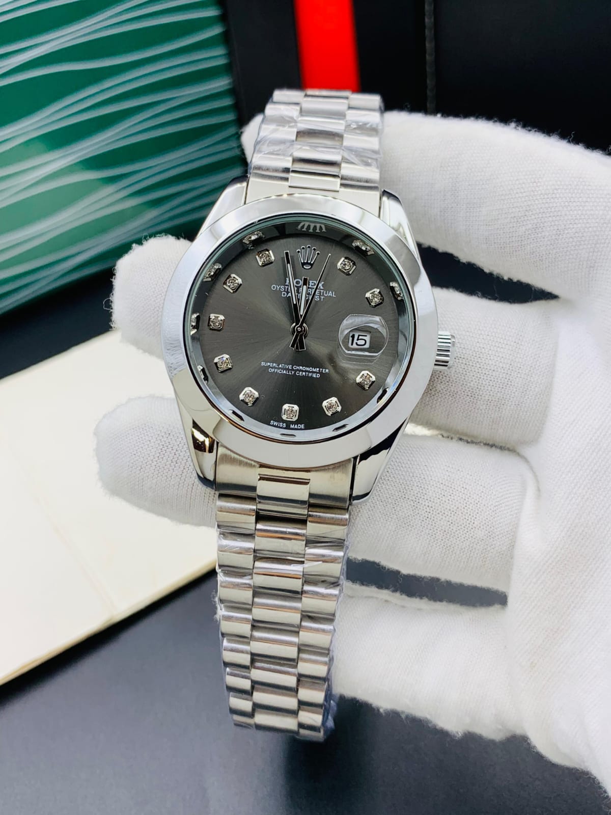 Rolex (Oyster Perpetual) - Blackish Dial | Silver chain